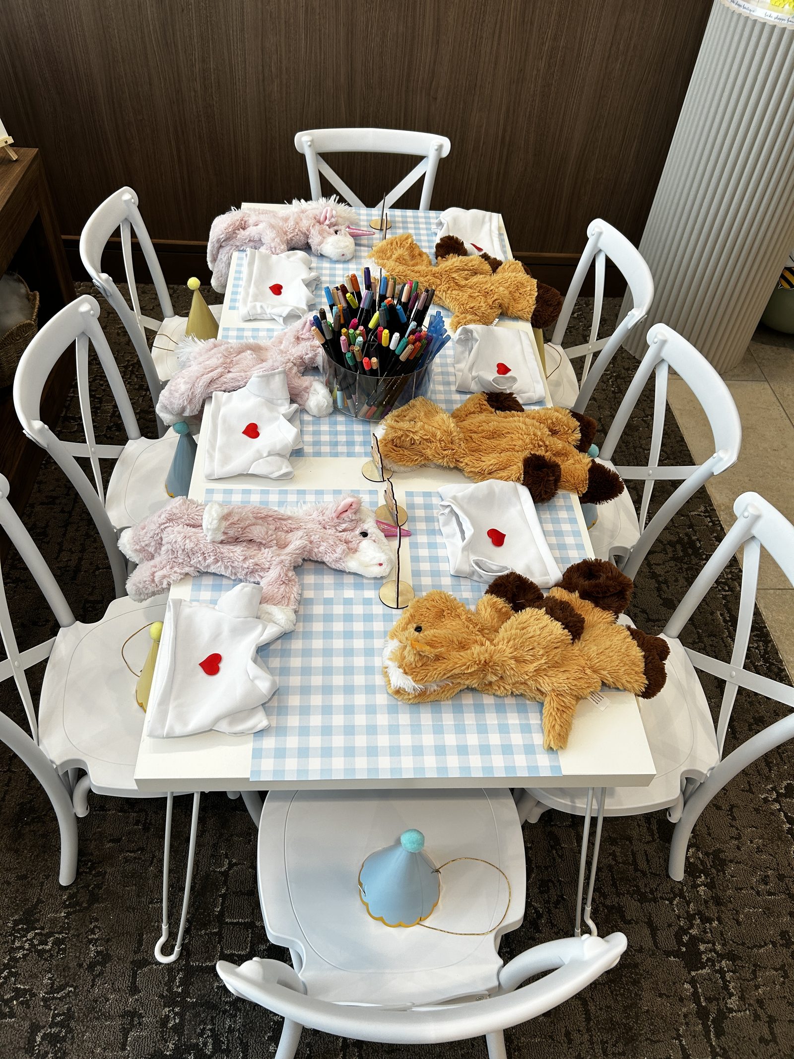 Stuff-a-Plush at a Los Angeles kids' birthday party — A keepsake experience. Each guest selects a plush — bear, bunny, puppy — stuffs